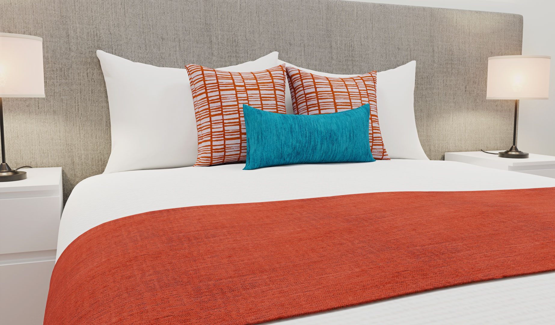 Clipper Coral Luxury Runner with Persia Turquoise Breakfast Cushion and Vue Concept Coral Large Decorative Cushions