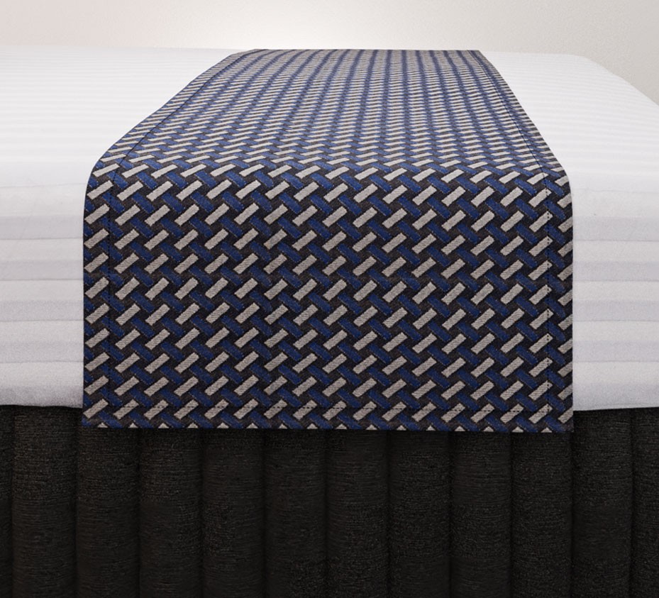 Basque Indigo Standard Mirage Runner with Siam Charcoal Suite Valance and Hampton Wide Stripe Quilt Cover