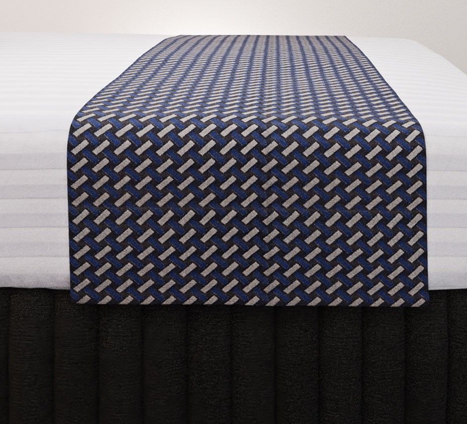 Basque Indigo Vogue Runner with Siam Charcoal Suite Valance and Hampton Wide Stripe Quilt Cover