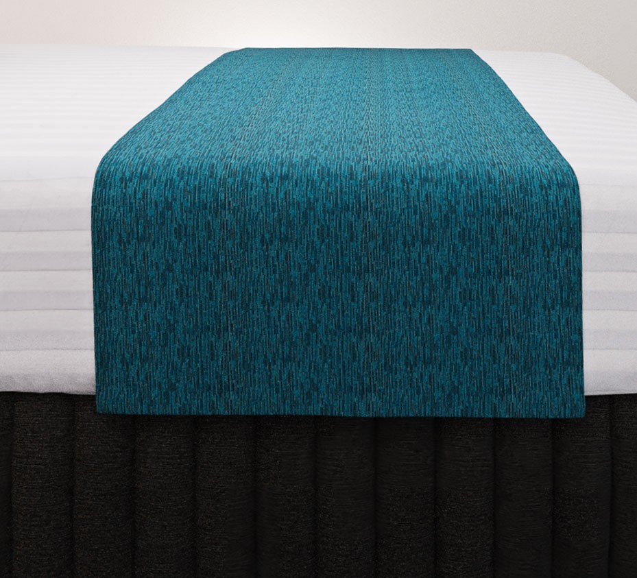 Lima Azure Vogue Runner with Siam Charcoal Suite Valance and Hampton Wide Stripe Quilt Cover