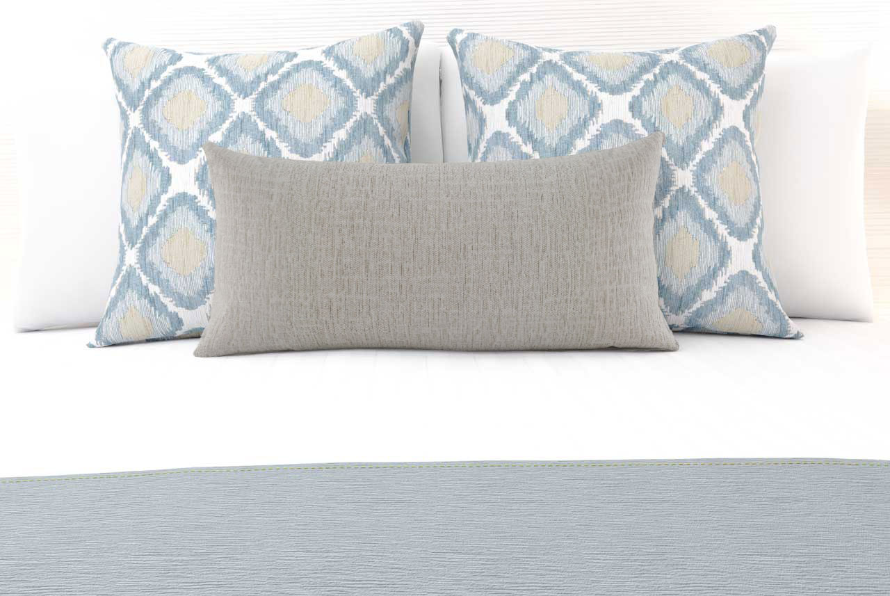 Ikat Blue Mist Large Decorative Cushion with Clipper Silk Breakfast Cushion and Clipper Denim Luxury Runner